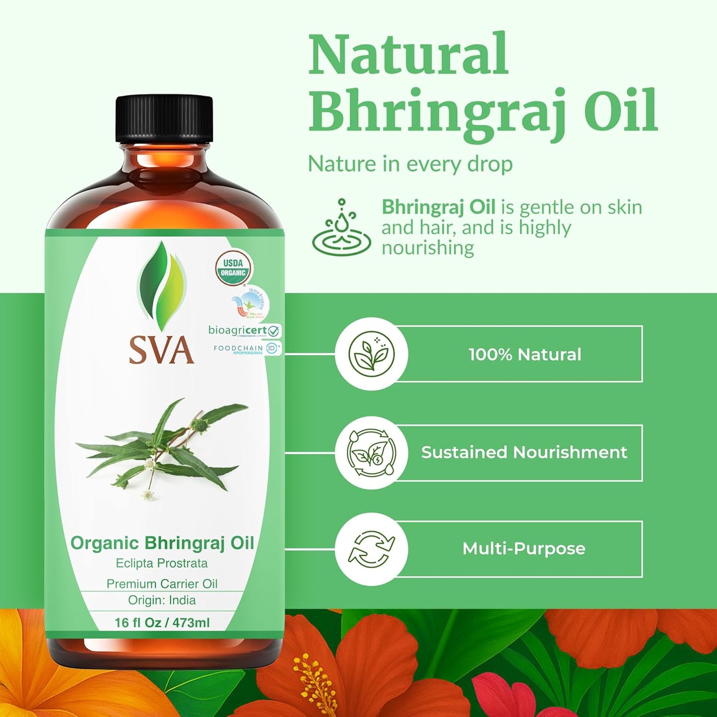 SVA Organic Bhringraj Oil 16oz Premium Carrier Oil For Hair Care, Hair Oiling, Scalp Massage, & Skin Care