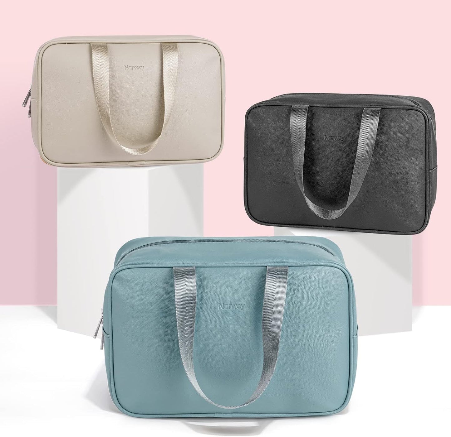 PU Leather Large Travel Toiletry Bag Women Toiletries Bag Skincare Bag Makeup Bag Organizer Make up bag Cosmetic Bag Medicine Bag for Girls (Large, Greyish Blue)