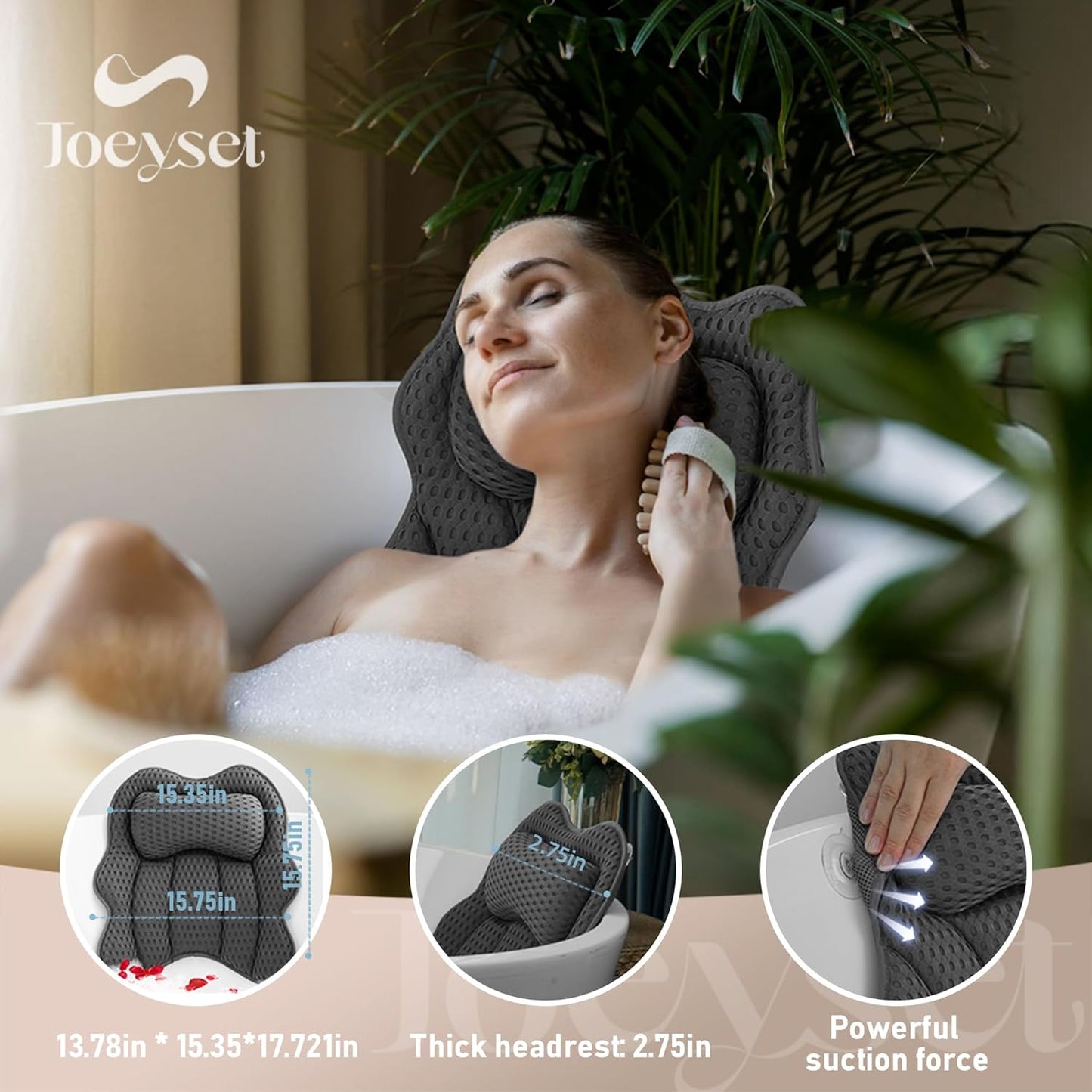 Bath Pillow for Tub, 4D Air Mesh Breathable Fabric, Soft Supportive Bathtub Cushion for Head Neck Back, Ergonomic Spa Pillow with Strong Suction Cups, Quick-Drying, Machine Washable (Gray)