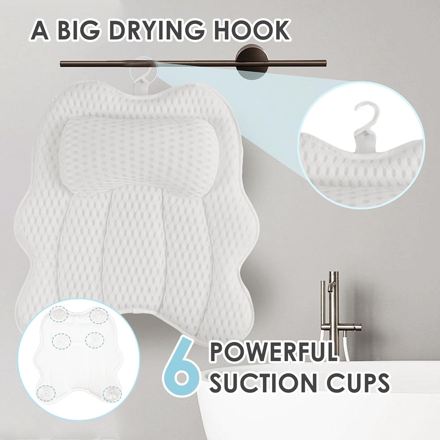 Bath Pillow for Tub, 4D Air Mesh Breathable Fabric, Soft Supportive Bathtub Cushion for Head Neck Back, Ergonomic Spa Pillow with Strong Suction Cups, Quick-Drying, Machine Washable (White)