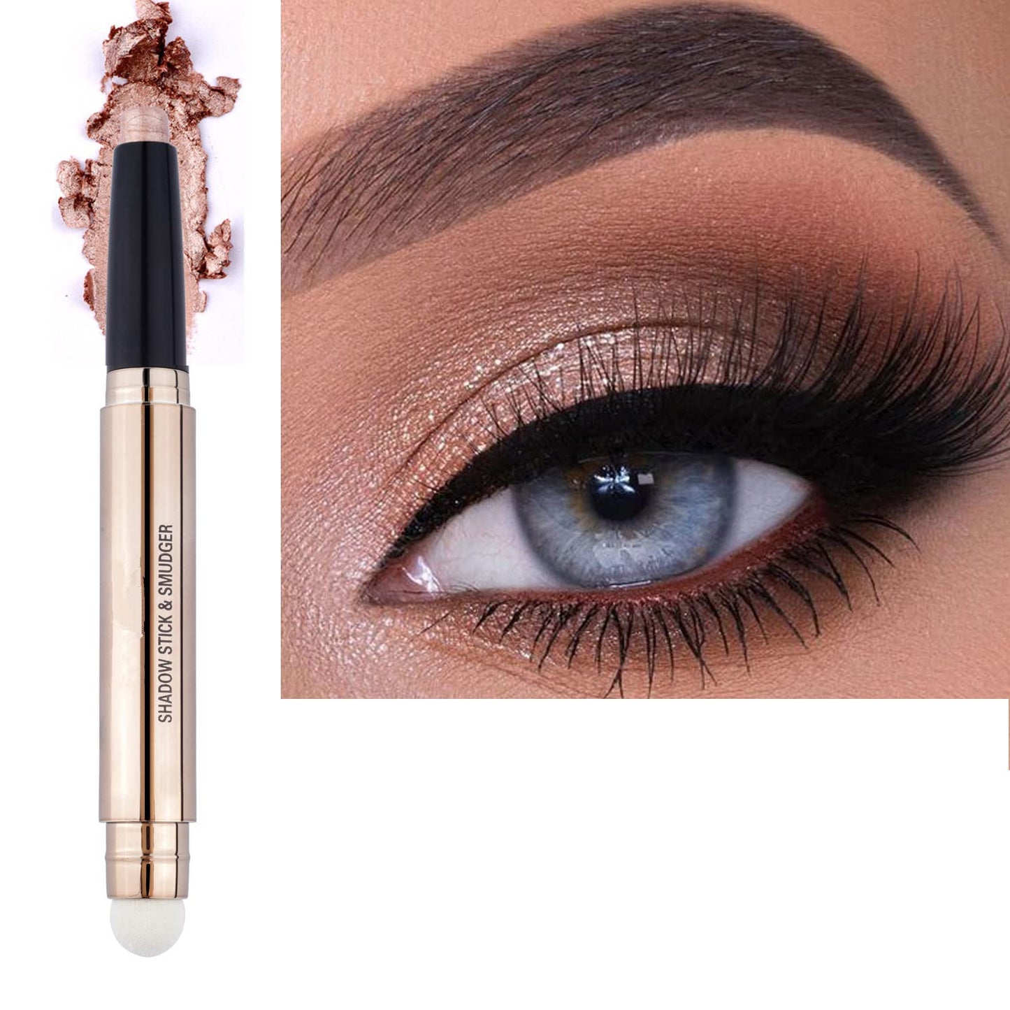 2 in 1 Eyeshadow stick and Sponge Makeup Brush, Brown Smooth Cream Shimmer Shadow Pencil Long Lasting Waterproof Eye Shadow Highlighter Stick Makeup , Hypoallergenic Eyeshadow, Highlighter Eye Liner