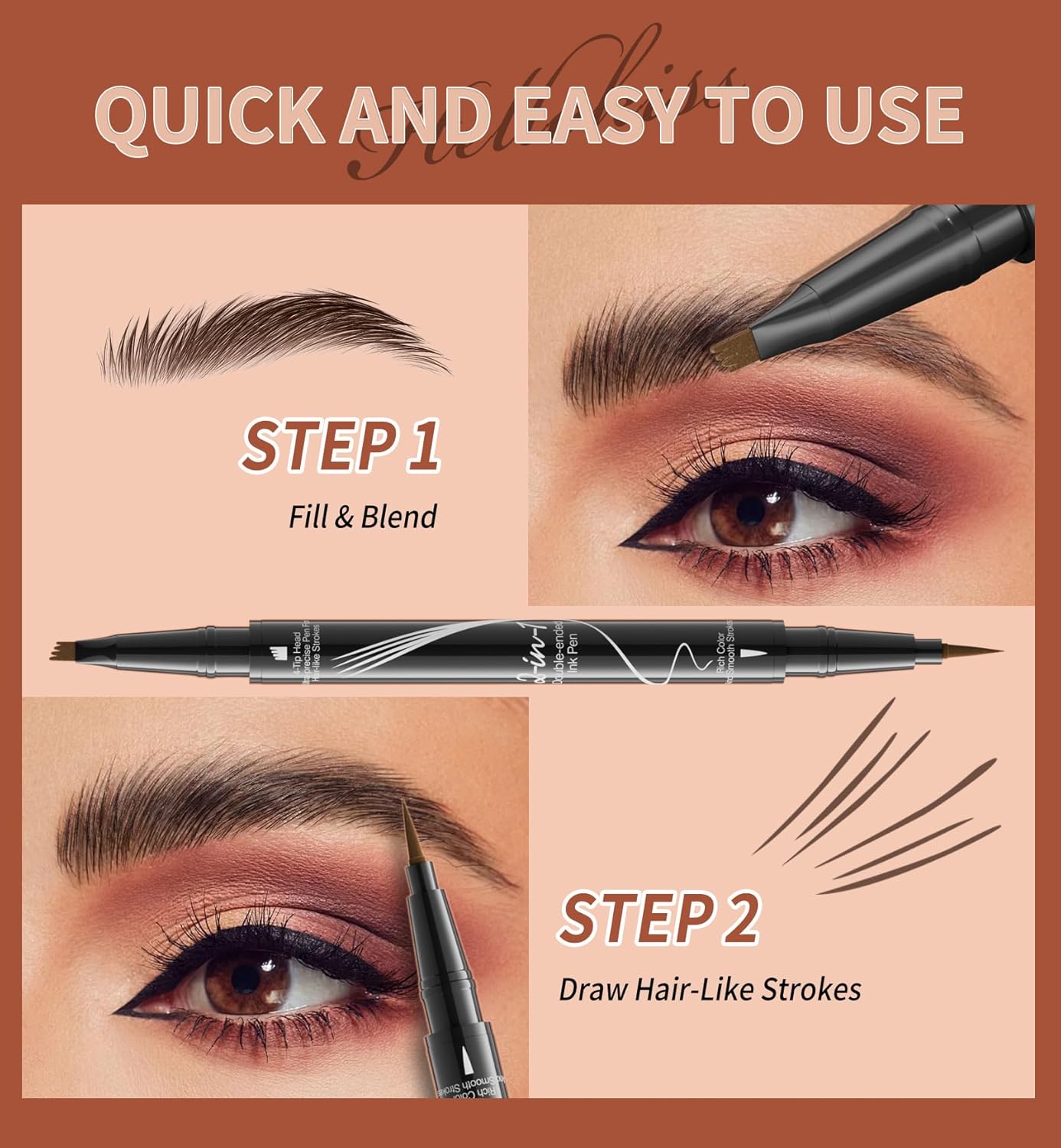 4-Fork Tip Microblading Eyebrow Pen - 2-in-1 Waterproof Eyebrow Pencil, Long-Lasting Natural Hair-Like Brows, Smudge-Proof & Easy to Use (04#Black)