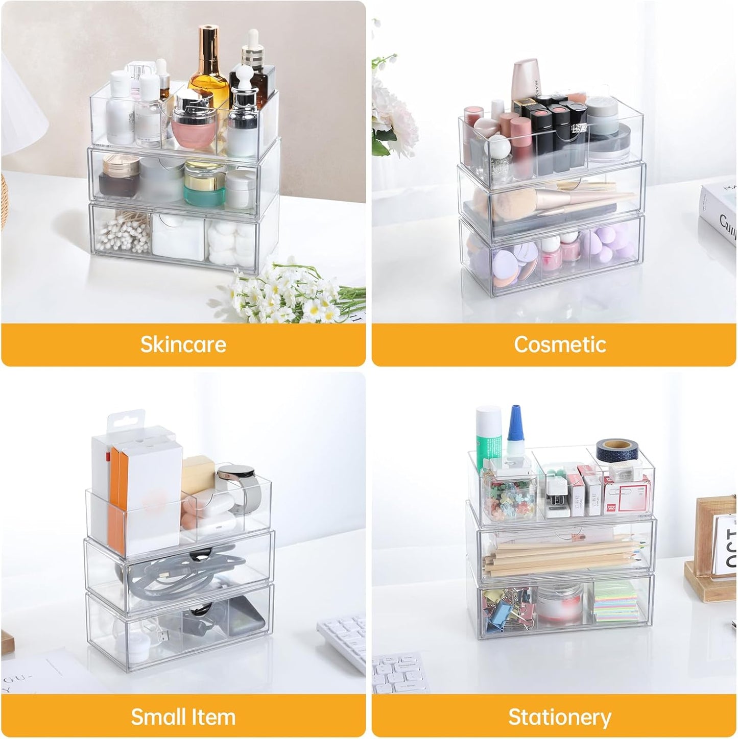 Medicine Cabinet Organizer 3 Pack, Plastic Stackable Storage with 2 Drawers, Bathroom Mirror Cabinet Organizer with Removable Dividers for Wall Cabinet, Vanity, Countertop, Clear