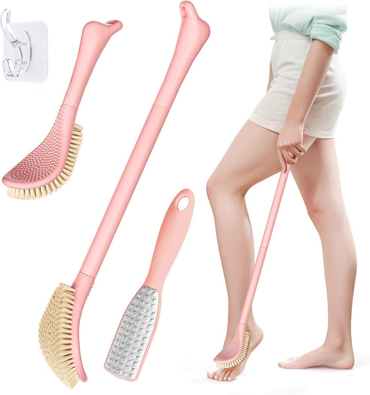 New Foot Brush & Foot File Set(2PCS), 3-in-1 Foot Scrubber in Shower, 10.2’’-27.5’’Adjustable Long Handle Foot Scrub Brush and Upgrade Foot File Callus Remover, Gift-Box Packed(Pink Set)