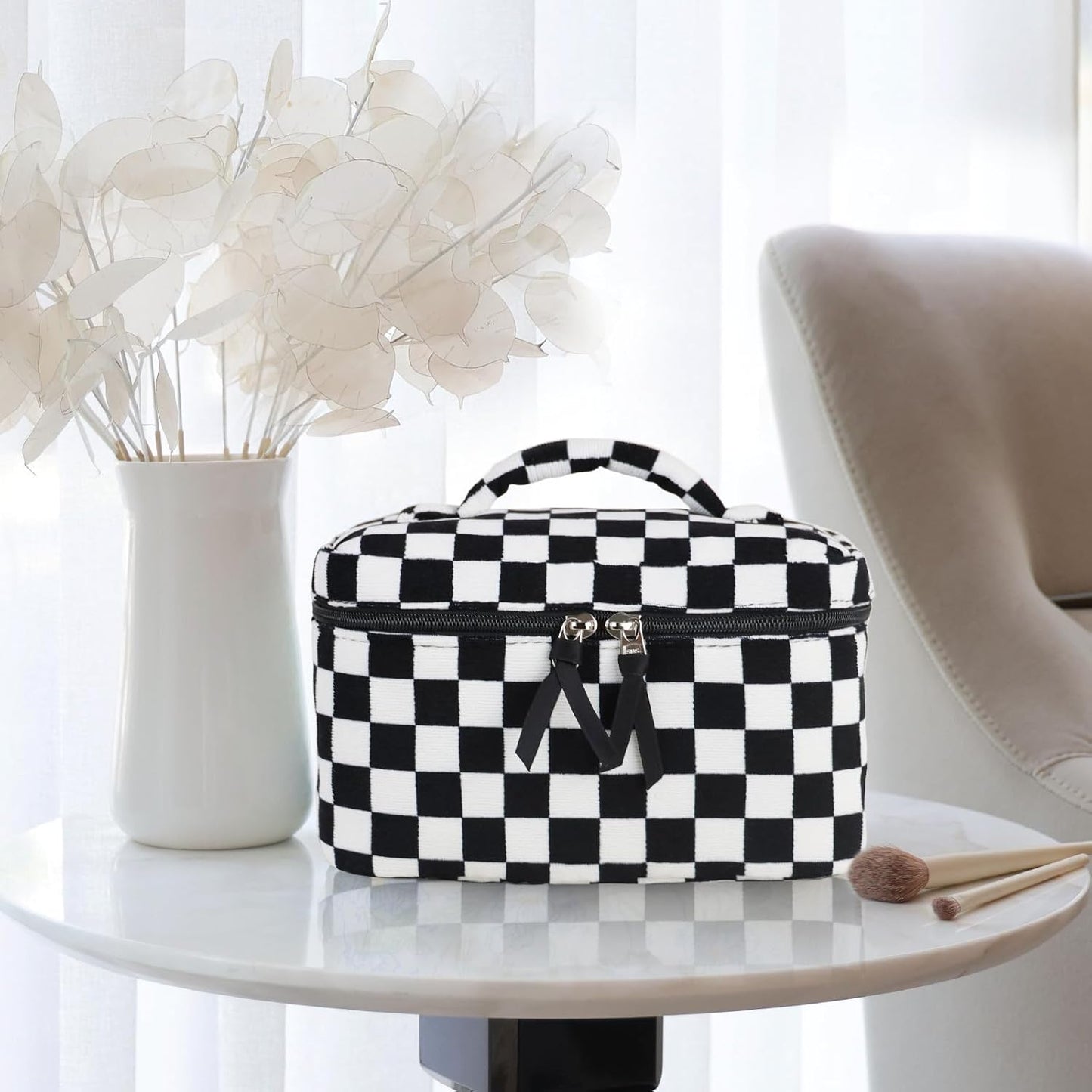 Prite Corduroy Large Travel Quilted Makeup Bag for Women Floral Cotton Cosmetic Bag Coquette Aesthetic Floral Toiletry Organizer Bag(Dark Checkerboard)