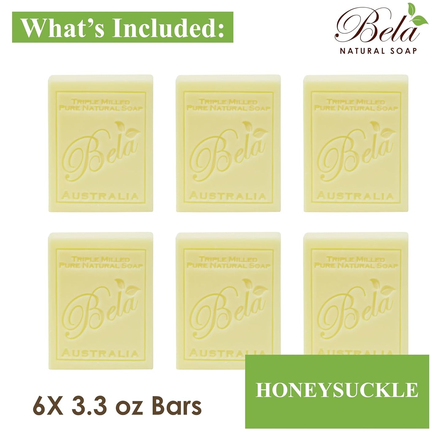BELA Pure Natural Soap - Honeysuckle Scent - 3.3 oz Pack of 6, Long Lasting Triple Milled French Soap Enriched with Organic Shea Butter, Rich Creamy Lather, Made in Australia
