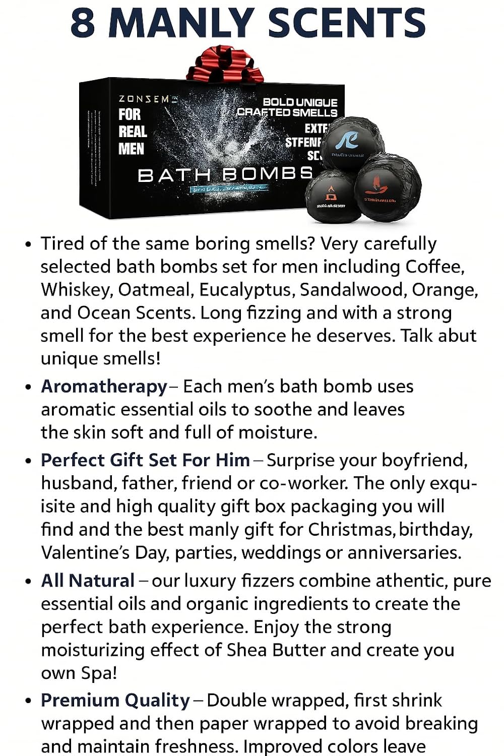 Bath Bombs for Men - Gift Set of 8 Scented Organic Handmade Bath Bombs of 2.5 oz with Natural Essential Oils, Unique Strong Manly Scents, for Boyfriend, Husband, Father or Friend, by ZenseMe