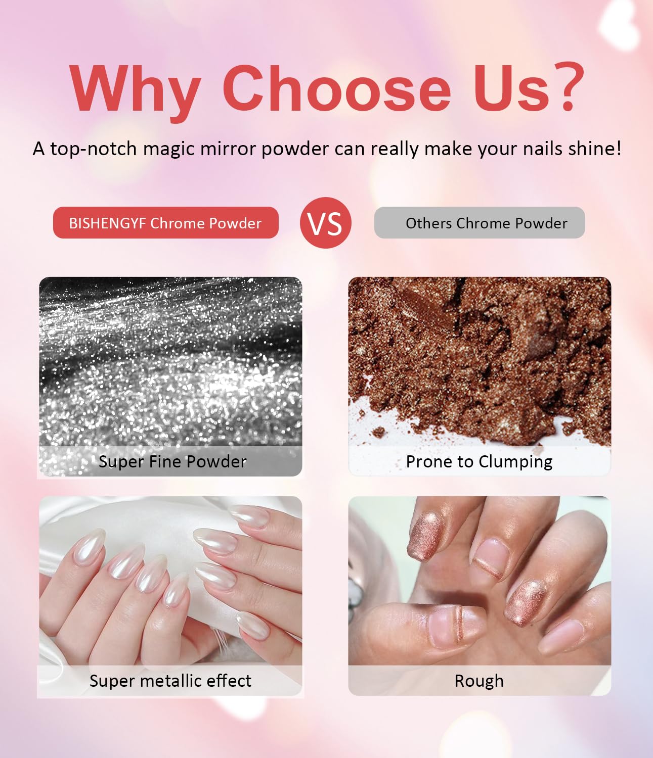 Gold Chrome Nail Powder BISHENGYF -【Magic Mirror Effect】 Pearl Chrome Nail Powder White Clear Aurora Mermaid Iridescent Silver Nail Chrome Powder Pigment Glitter Dust for Manicure Decroation DIY