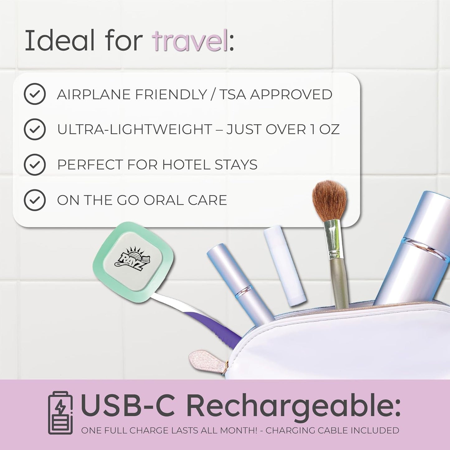 Rayz UV-C Toothbrush Sanitizer | Portable & Rechargeable | 99.9% Sanitization in 3 Minutes | Wall Mountable, Travel-Friendly & TSA-Approved (Mint)