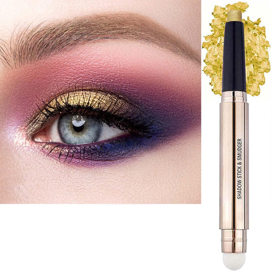 2 in1 Gold Copper Eyeshadow Stick and Sponge Makeup Brush Smooth Creamy Shimmer Eye Shadow Pen Long Lasting Waterproof Eyeshadow Highlighter Stick Makeup, Hypoallergenic Highlighter Eyeliner