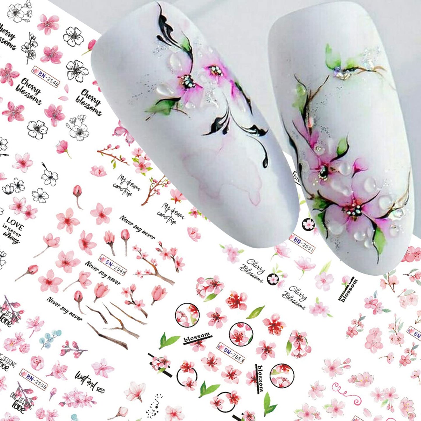 Sakura Water Transfer Nail Stickers - Cherry Blossom & Leaf Designs for Women & Girls - Pink Flower Nail Art Decoration Supplies