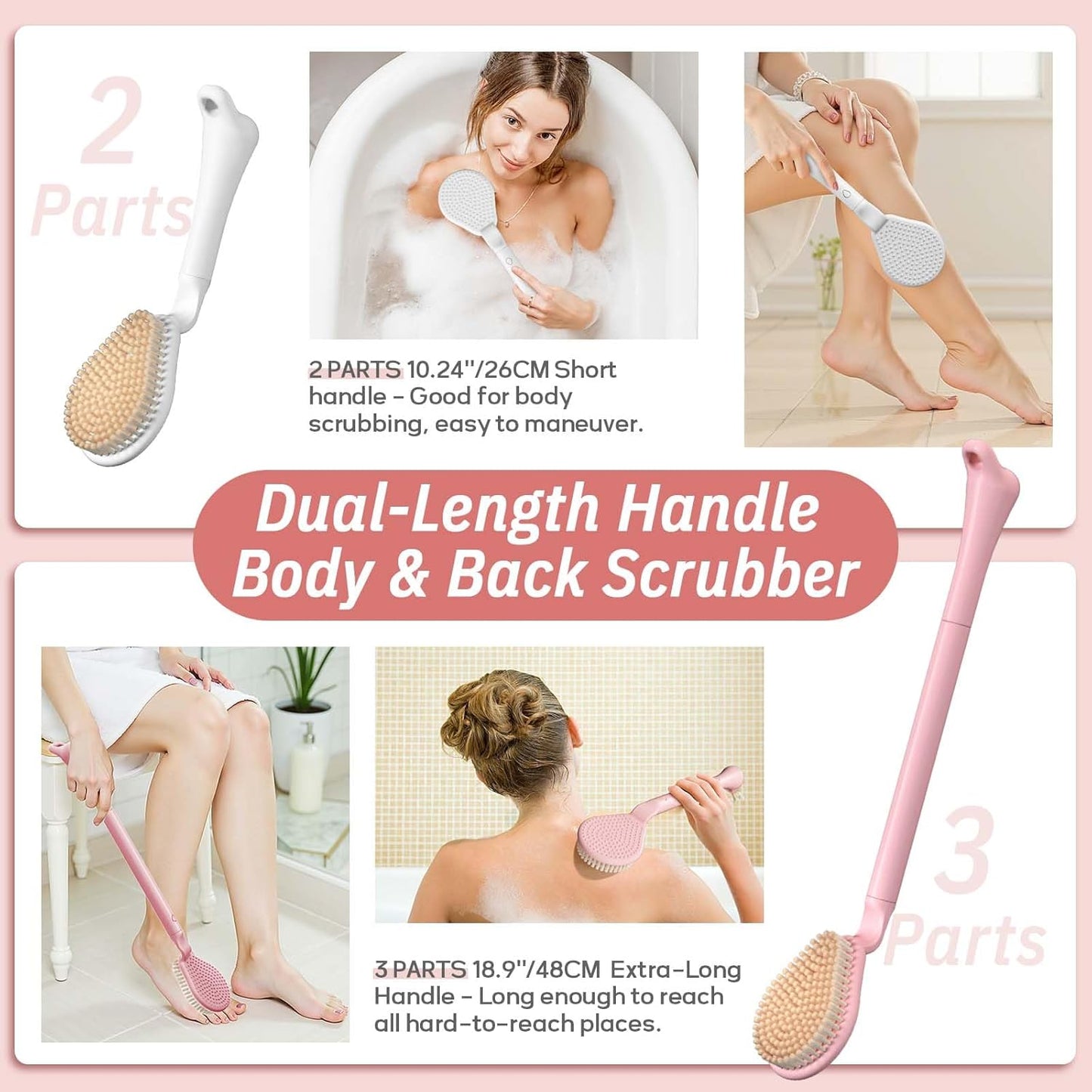 Back Scrubber for Shower, 19’’ Detachable Long Handle Shower Body Scrubber for Wet or Dry Brush, Adjustable 2-in-1 Back & Body Brush with Medium Soft Bristles for Deep Cleaning(Pink)