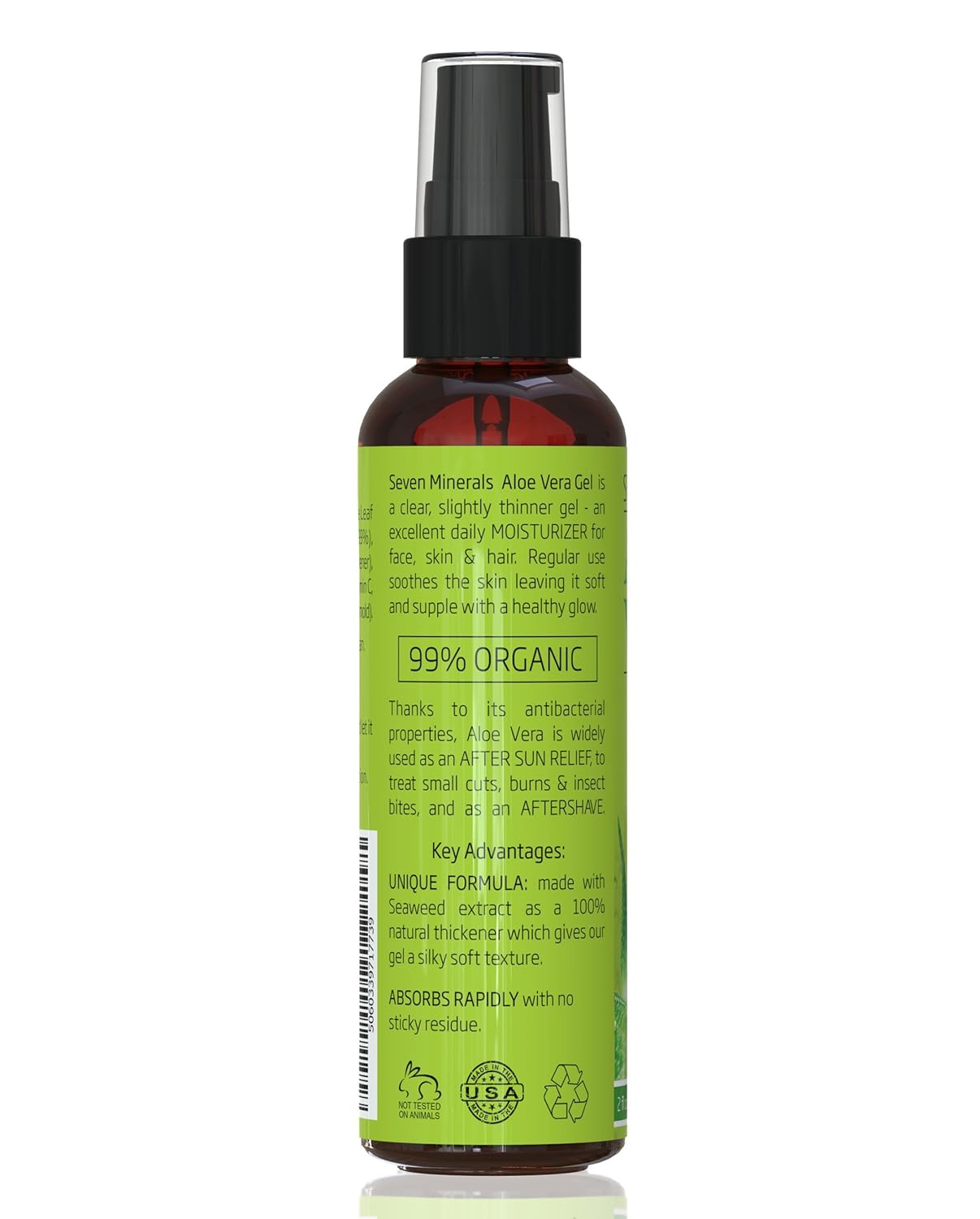 Seven Minerals, Travel Size Organic Aloe Vera Gel from freshly cut 100% Pure Aloe - 2 Fl Oz - HighestQuality, Texas grown, Vegan, Unscented - For Face, Skin, Hair, Sunburn relief (2 Fl Oz)