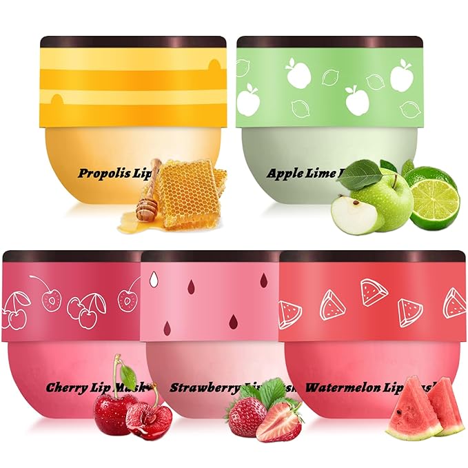 5 PCS Bee Balm Lip Balm Lip Mask Honey Pot, Lip Mask Propolis Moisturizing Lip Balm, Hydrating Prevention Dry and Cracked Lip Scrubs Exfoliator Lip Care (Strawberry&Watermelon&Honey&Apple Lime&Cherry)