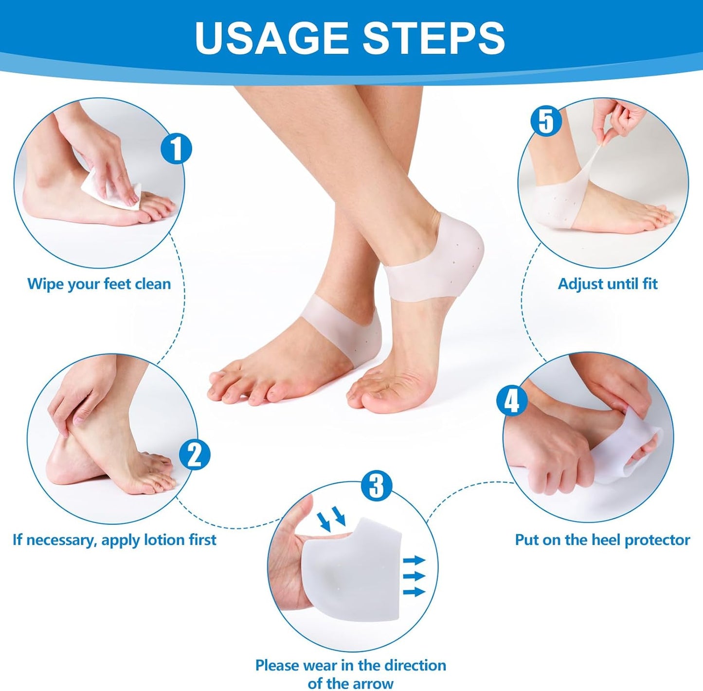 MADHOLLY 5 Pairs Silicone Heel Protectors- Breathable Heel Gel Heel Cushions for Cracked Heel- Heel Cups Heel Cover for Heel Repair Women Men