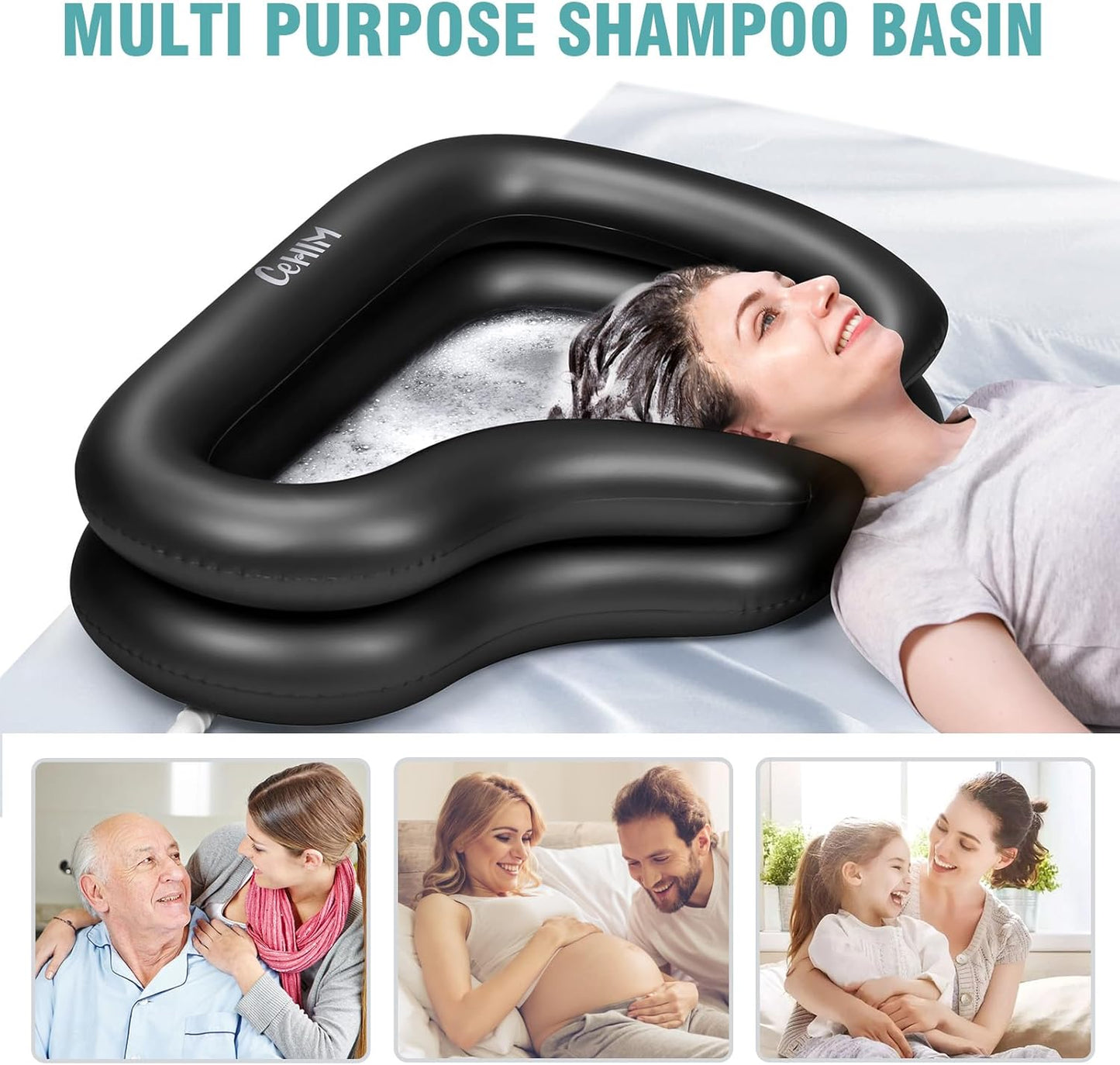 Portable Inflatable Shampoo Basin for Bedridden and Kids - Hair Washing Tray for Sink at Home with Fast-Drain Slope, Neck Support and Drain Hose - Hospital PVC Hair Washing Station (Black, Large)