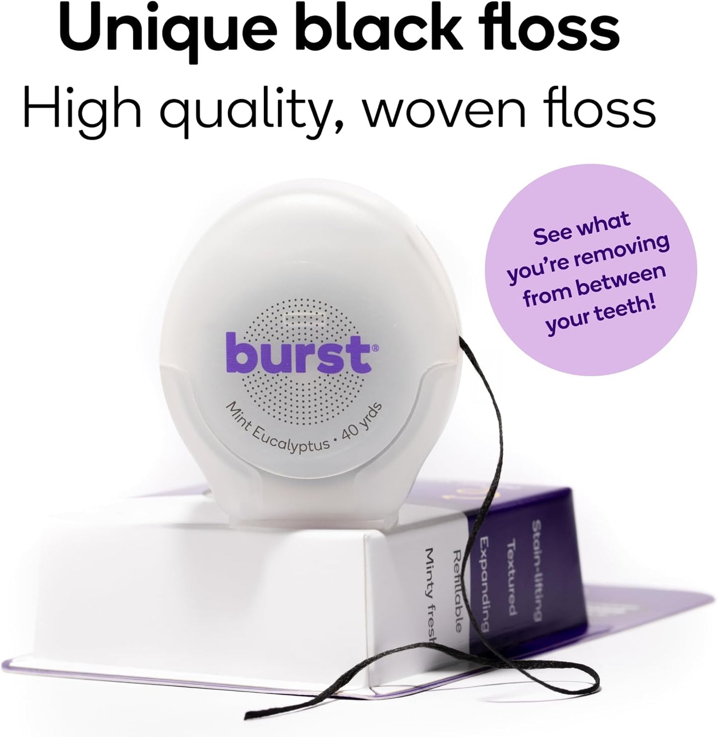 BURST Expanding Dental Floss (Mint Eucalyptus/160 Yards) | Stain Absorbing & Woven with Xylitol Coating to Fight Cavities | Vegan | Paraben Free