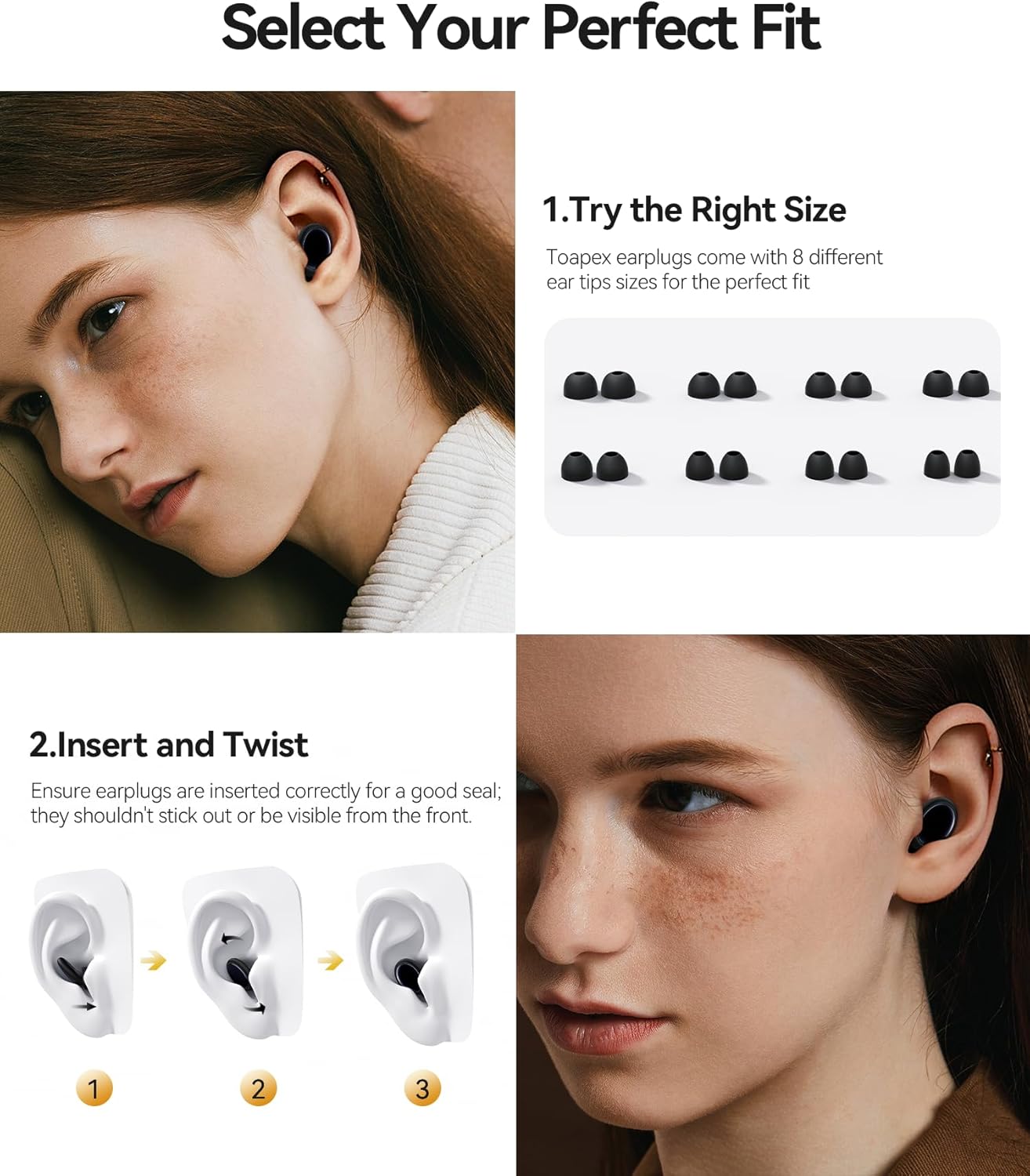 Ear Plugs for Sleeping 45dB Noise Cancelling Ear Plugs for Concerts & Noise Reduction, Earplugs for Sleep, Snoring Airplane Musician Calmer, Silicone Earplugs Reusable Concert Ear Plug +8Tip Black