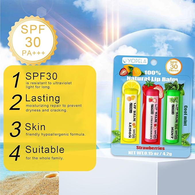 3 Pack SPF Lip Balm Bulk - SPF 30 SunGuard Lip Balm Sunscreen- Summer Protection for Lasting Hydration UV Defense Prevents and Soothes Dry, Chapped Lips-3 Delicious Flavors