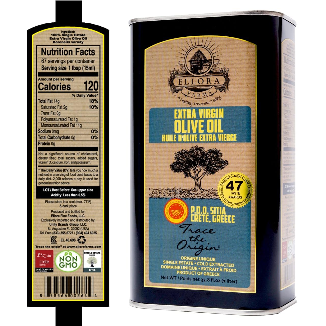Ellora Farms, Greek Extra Virgin Olive Oil, Certified PDO SITIA, Single Estate, Single Origin, Single Variety, Cold Press & Traceable Olive Oil, Crete, Greece, Kosher, 1 Lt Tin (33.8 oz.)