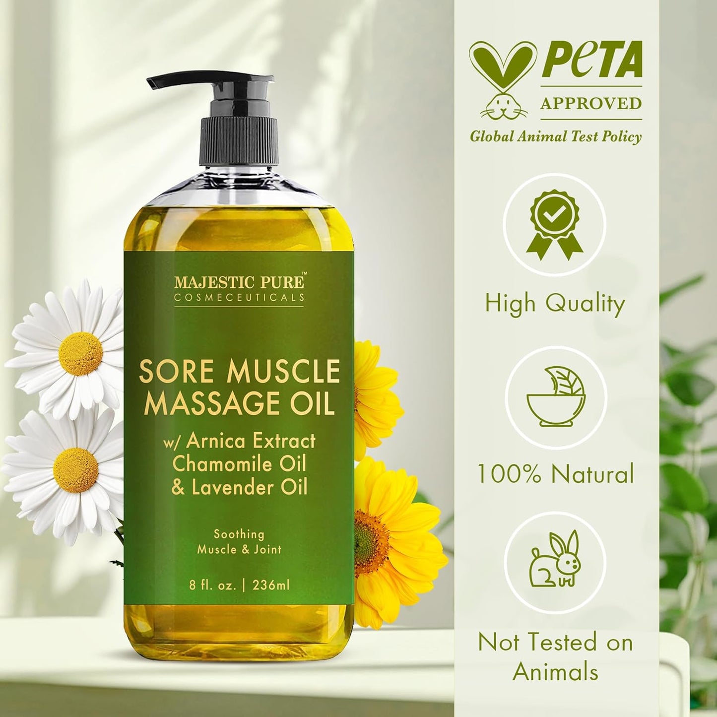 MAJESTIC PURE Arnica Sore Muscle Massage Oil for Massage Therapy - Refreshing, and Relaxing - Natural Oils with Lavender & Chamomile Essential Oils - All Skin Types - Men & Women - 8 fl oz (Pack of 2)