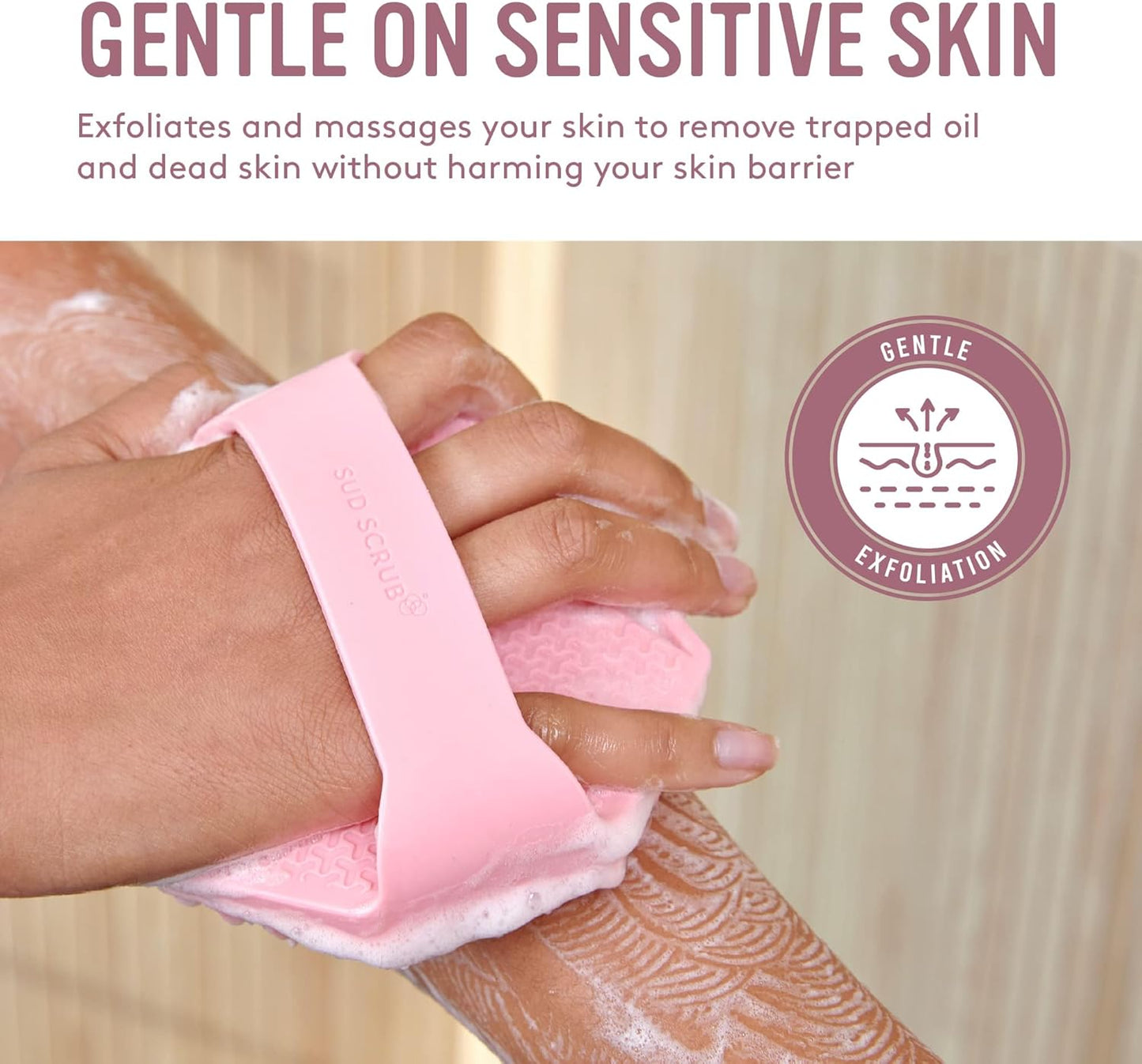 Sud Scrub® Antimicrobial Silicone Body Scrubber, Exfoliating Body Scrubber for Sensitive Skin, Eco Friendly Shower Scrubber for Body, Silicone Body Brush for Showering, Pink