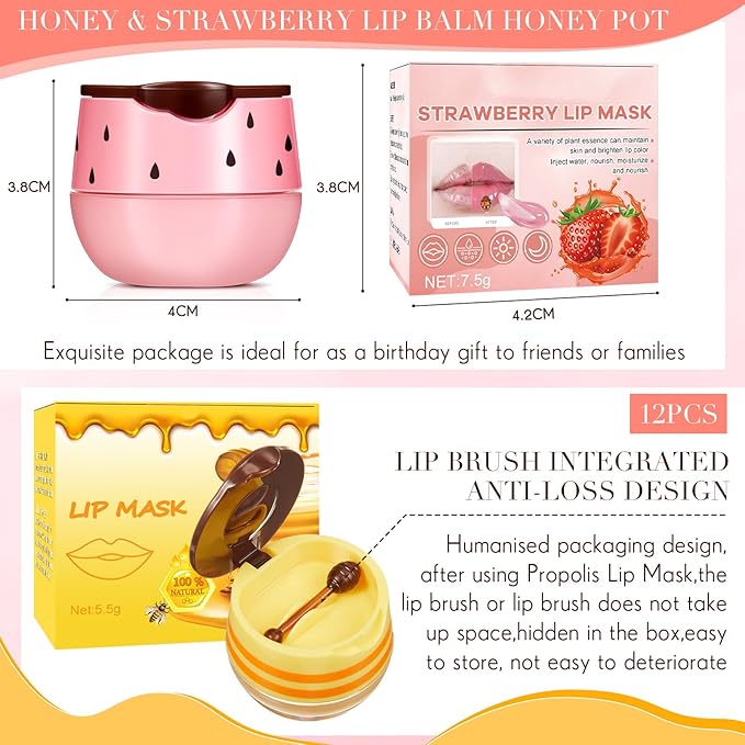 12 Pcs Bee Lip Balm Honey Pot with Brush Propolis Lip Mask Overnight, Moisturizing Hydrating Lip Sleeping Mask Prevention Dry and Cracked(Honey+Strawberry)