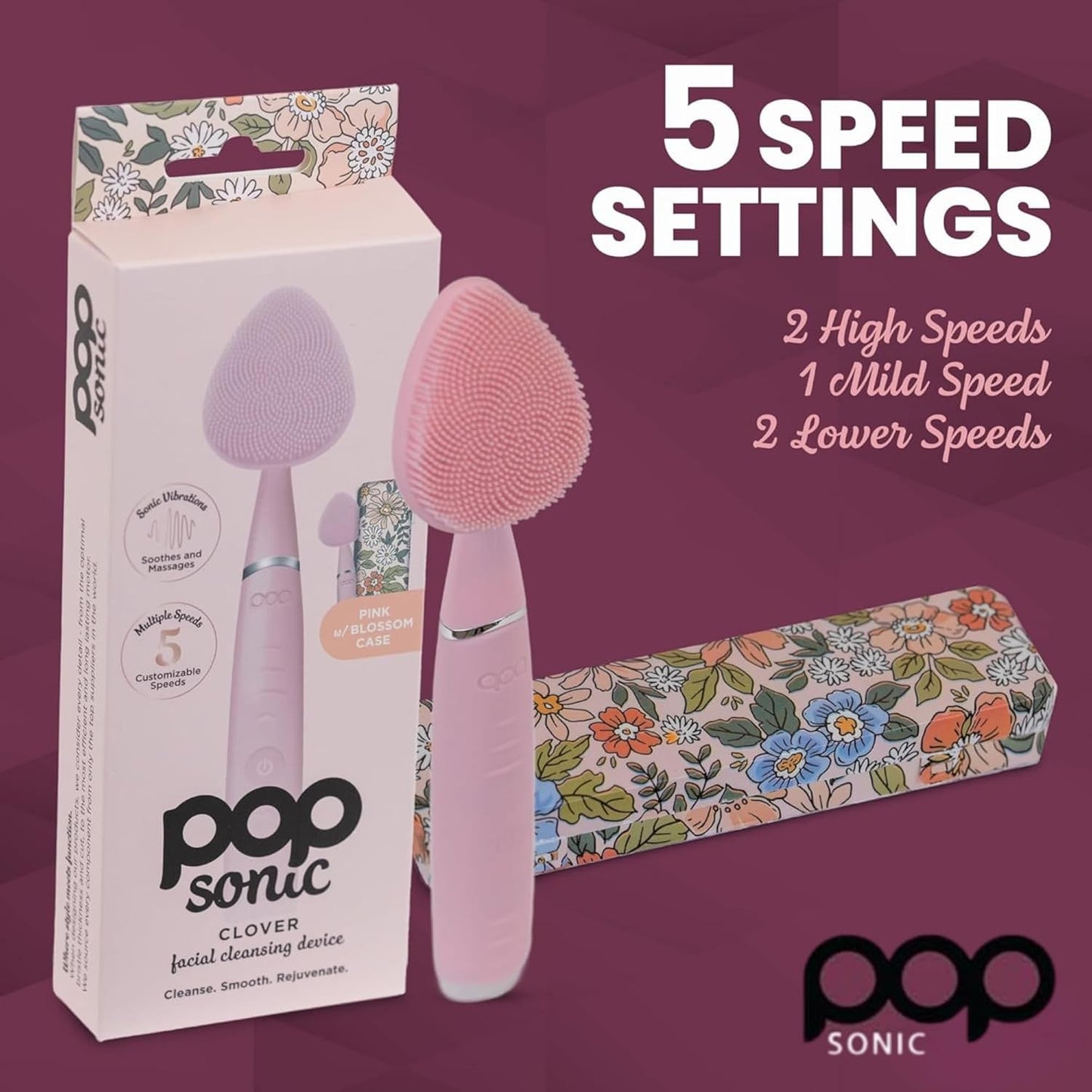 Clover Facial Cleansing Device Pink Silicone Facial Cleaner & Exfoliator w/ 8000 Vibrations Per Minute, 5 Speeds, USB Rechargeable Face Cleaning Scrubber & Cleansing Brush with Case