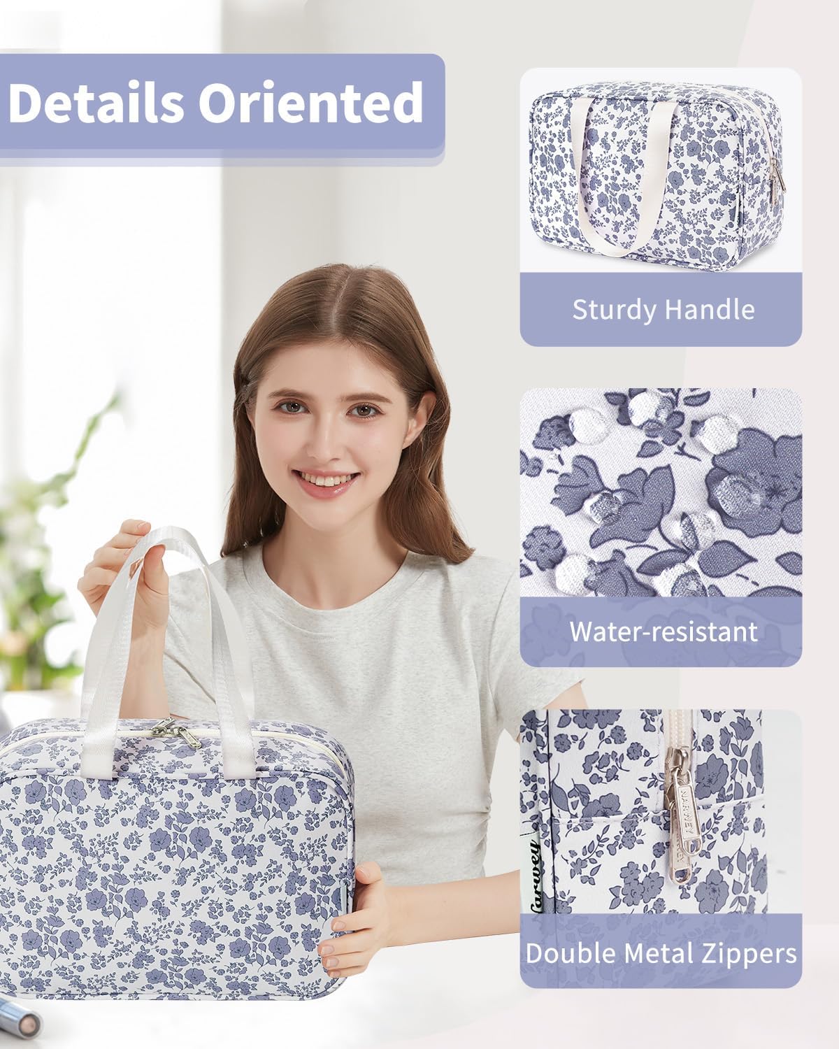 Narwey Full Size Toiletry Bag Women Large Cosmetic Bag Travel Makeup Bag Organizer Medicine Bag for Toiletries Essentials Accessories (Little Grayish Blue Flower, Large)