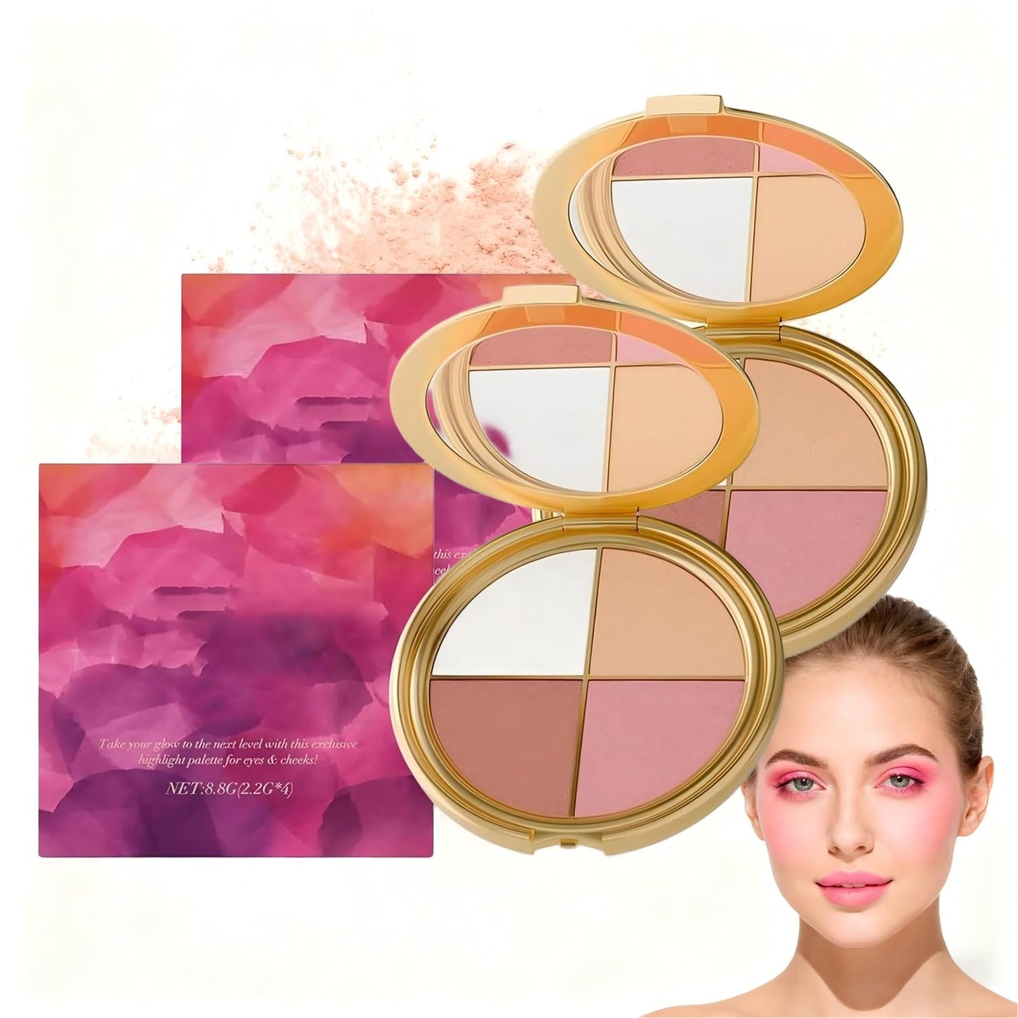 Eye & Cheek Palette - Makeup Kit with Eyeshadow, Highlighter, Blush & Contour Powder, Includes Detachable Brush for a Natural Shimmer Glow, Face Contouring Palette for Women (2 PCS)