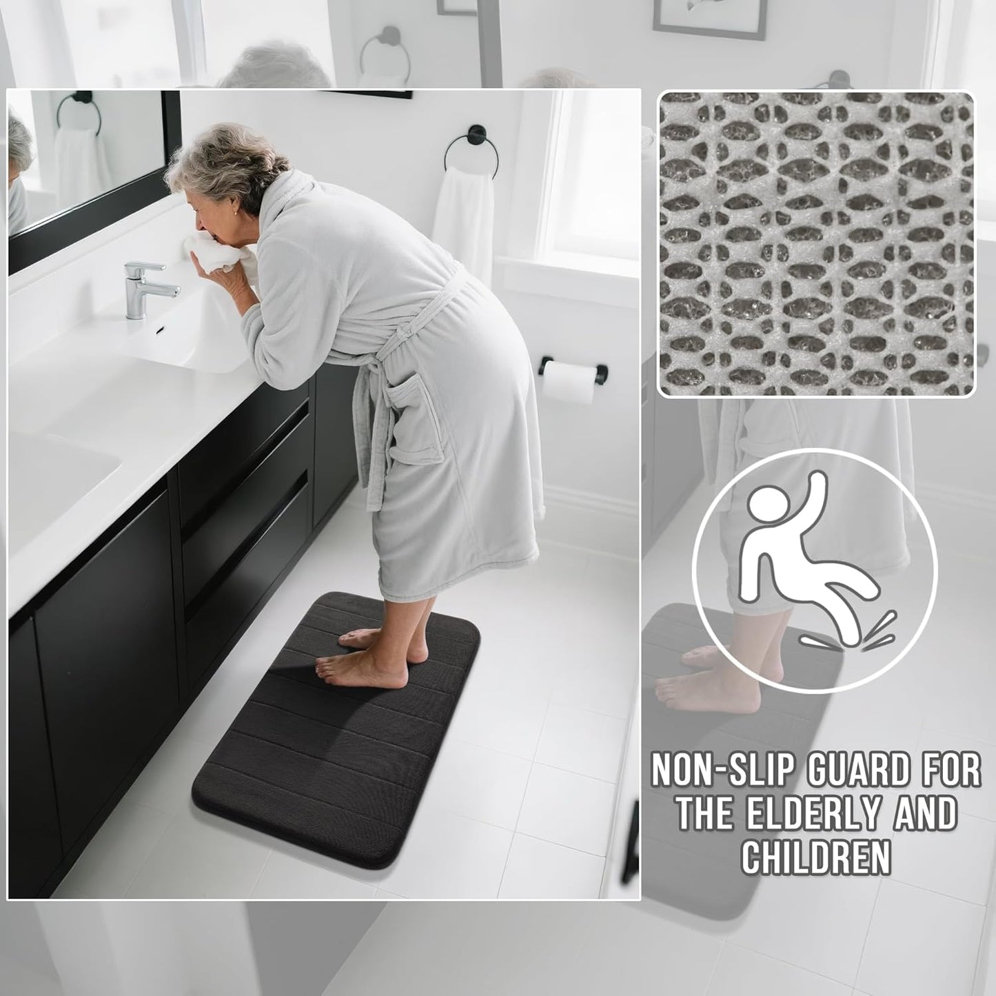 Yimobra Memory Foam Bath Mat, Super Soft Absorbent Bathroom Rug Non Slip 31.5x20 Inch, Quick Dry, Machine Washable Floor Carpet for Tub Shower, Home Decor Accessories, Black