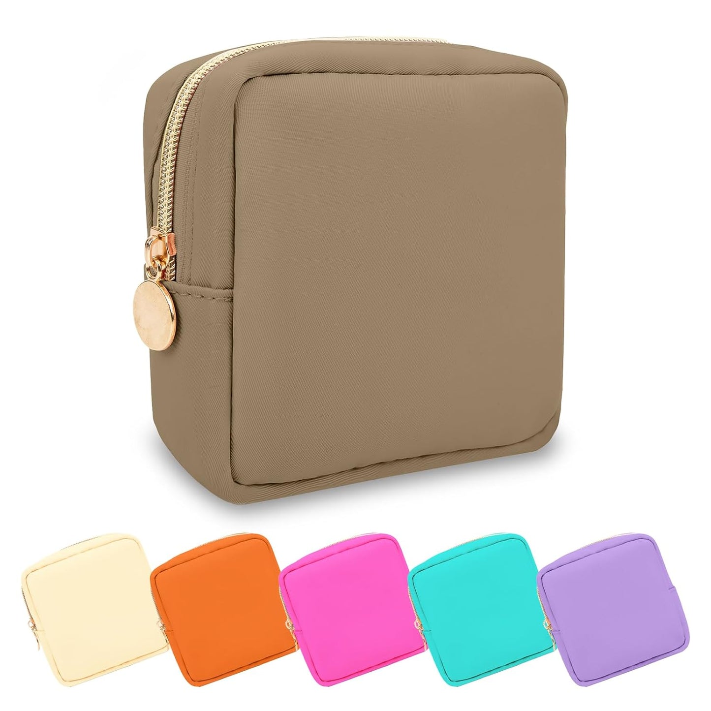 Mini Makeup Pouch for Purse, Small Cosmetic Bag Pouch Nylon Travel Toiletry Organizers for Women Girls, Cute Zipper Pouch Coin Purse Preppy Storage Bag for School Work(Mini-Khaki)