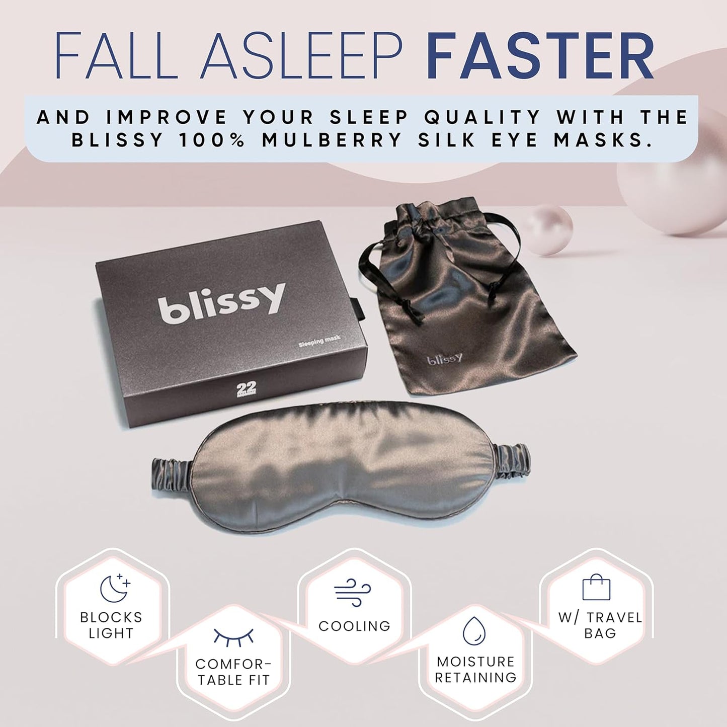 Blissy Silk Sleep Mask - Silk Eye Sleeping Mask for Women & Men for Total Blackout - 100% Pure Mulberry Silk, 22 Momme 6a Fibers - Blindfold Silk Sleep Mask Side Sleeper Eye Cover (Grey)