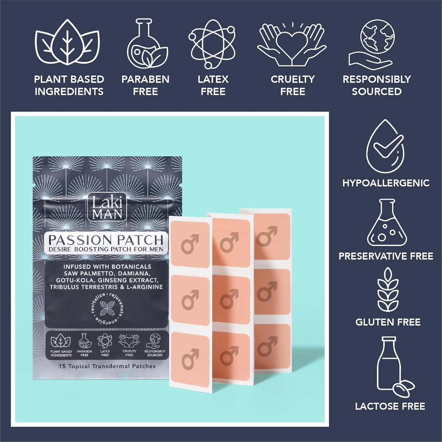 Laki Naturals Passion Patch for Men (Pack of 15) – Supports Circulation, Vitality, Vigour and Energy with Natural Ingredients – Non-Habit Forming, Time-Released Men’s Health Wellness Patches