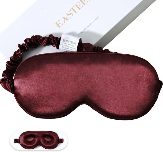 100% 22 Momme Mulberry Silk Sleep Mask, Eye Cover for Sleeping, Blackout 3D Sleep Masks for Lash Extensions with Adjustable Strap for Men and Women (Burgundy)