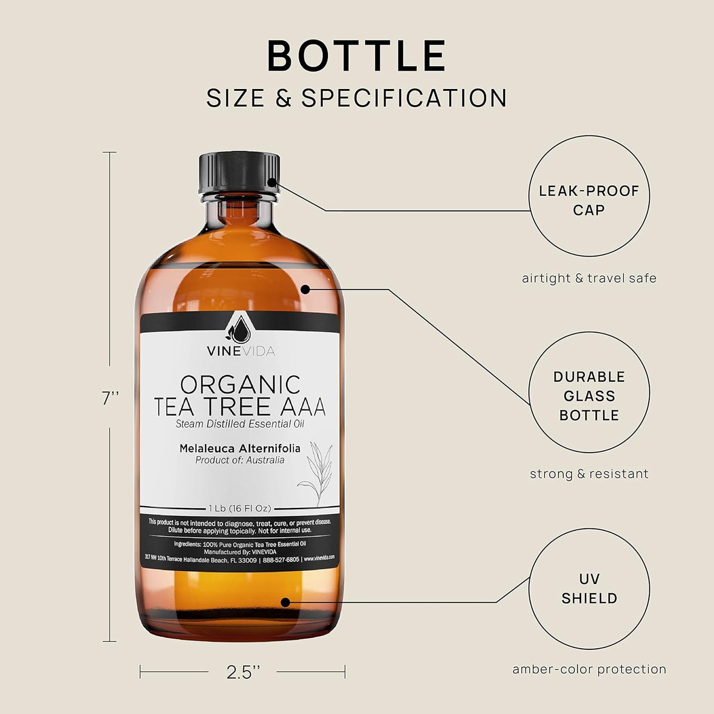 VINEVIDA Organic Tea Tree Essential Oil 16 oz - Undiluted, Pure, Vegan, and Sustainable