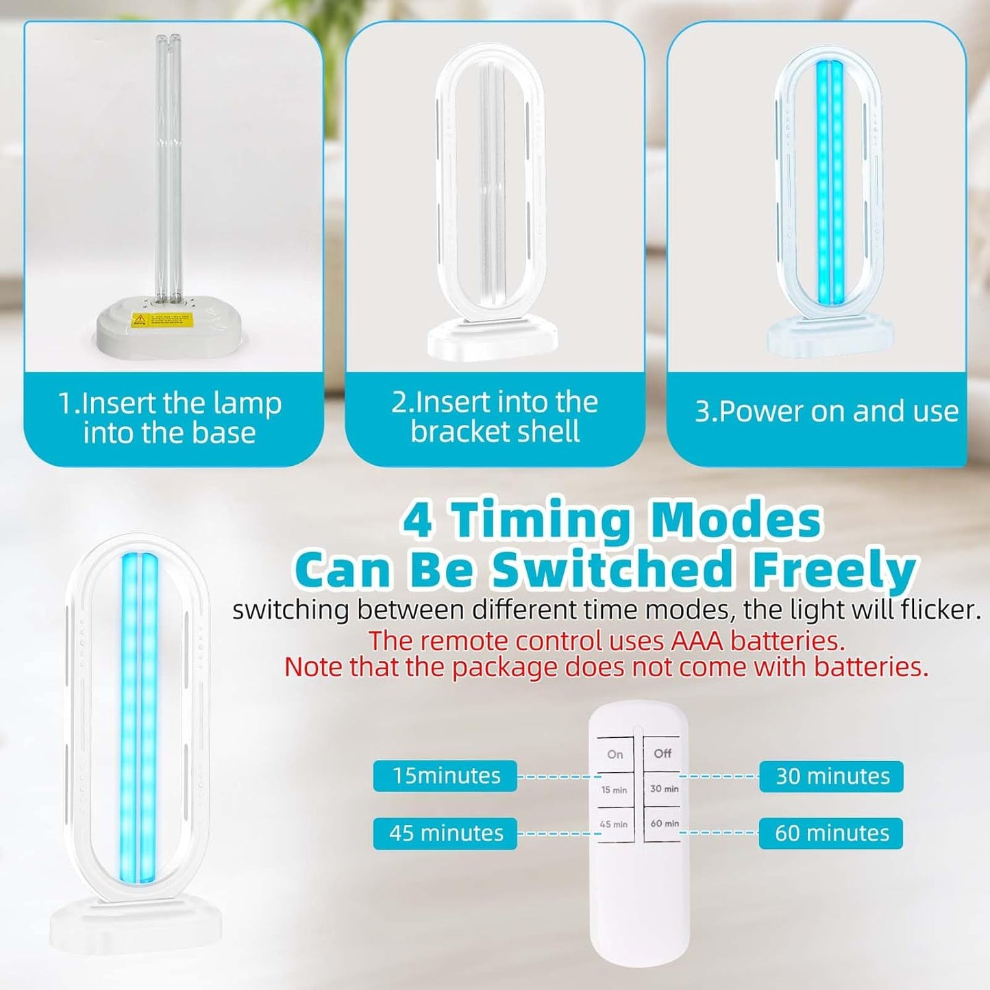 UV Light Sanitizer,4-Speed Timing and Remote Control UVC Home Disinfection Device,Ultraviolet Light Sanitizer for Dust Mites,UV Lamp for Whole Room,White