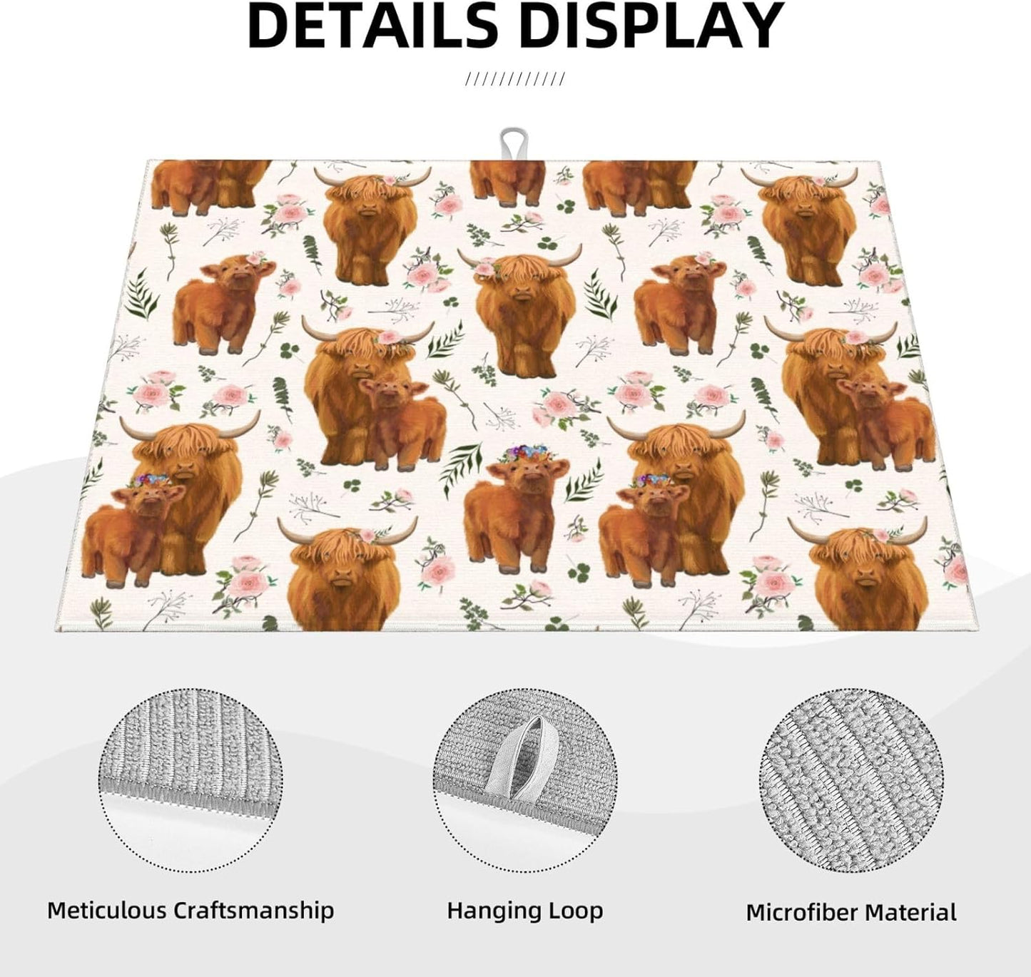 Highland Cow Dish Drying Mat for Kitchen Counter Cute Kitchen Mat Microfiber Kitchen Countertop Absorbent Reversible Drainer Rack Pad Dish Drying Mat 18 x 24 Inch