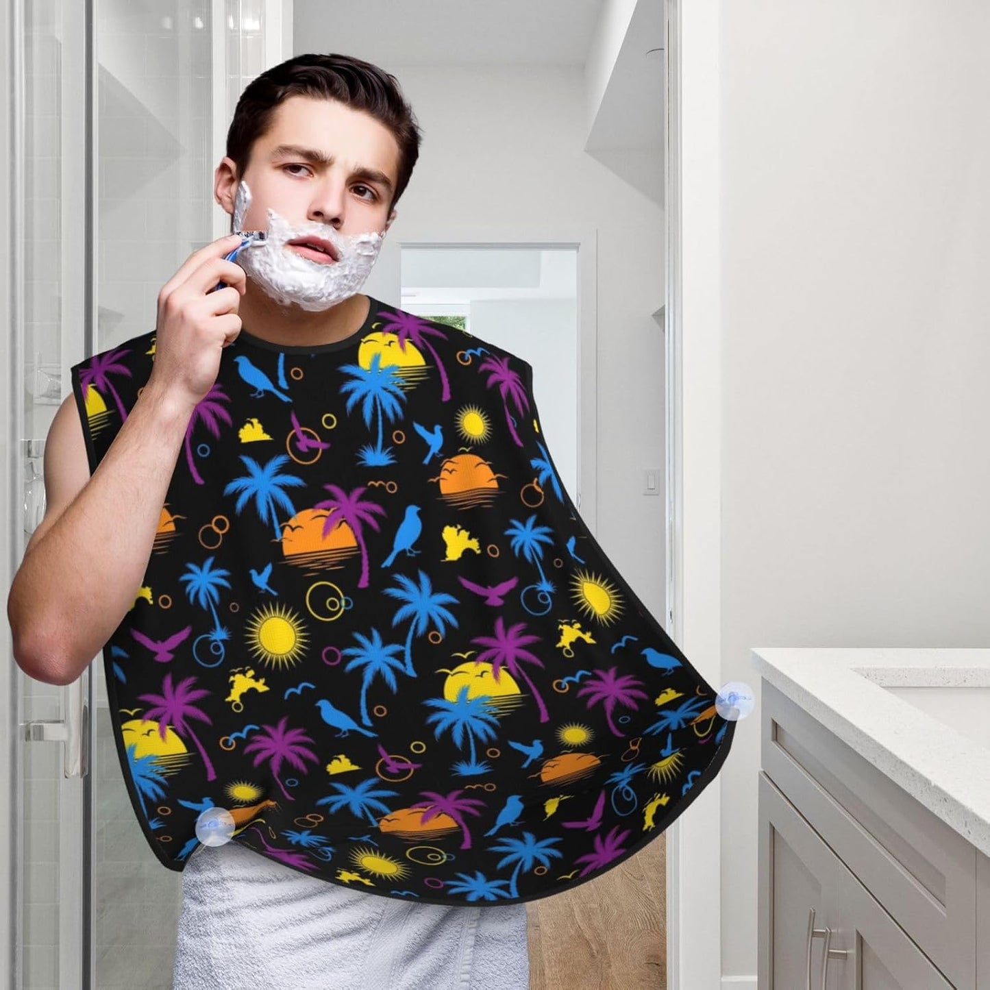 Waterproof Beard Grooming Bib, Tropical Palm Tree Beach Sun Art Shave Bib, Non-Stick Hair Catcher for Shaving Trimming, Apron Essential for Men Dad