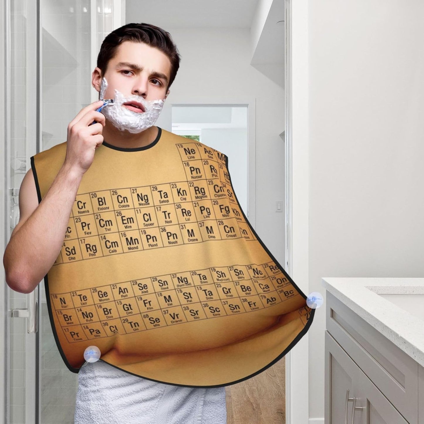 Adjustable Beard Bib, Non-Stick Hair Catcher Cape for Men's Shaving, Waterproof with 2 Suction Cups, Retro Vintage Map Periodic Table of The Elements Shave Bib