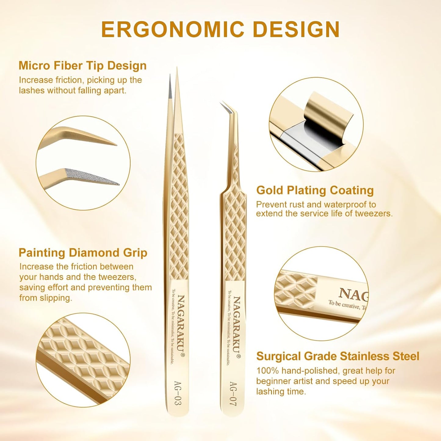 NAGARAKU 1 Pair Precision Fiber Tip Tweezer for Eyelash Extensions Professional Eyelash Tweezers Antistatic Straight & Curved Tip Tweezers with Box(Isolation & Volume Lash Tweezers AG-03 & AG-07)
