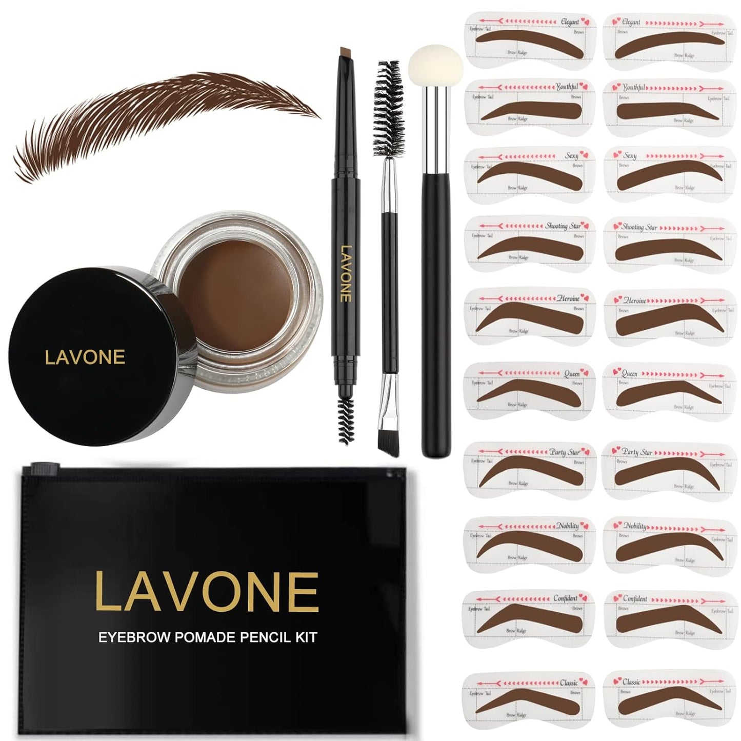 LAVONE Eyebrow Stamp Stencil Kit - Brow Stamp Trio with Waterproof Eyebrow Pencil, Pomade, 20 Stencils, Dual-ended Brush and Sponge Applicator - Chocolate