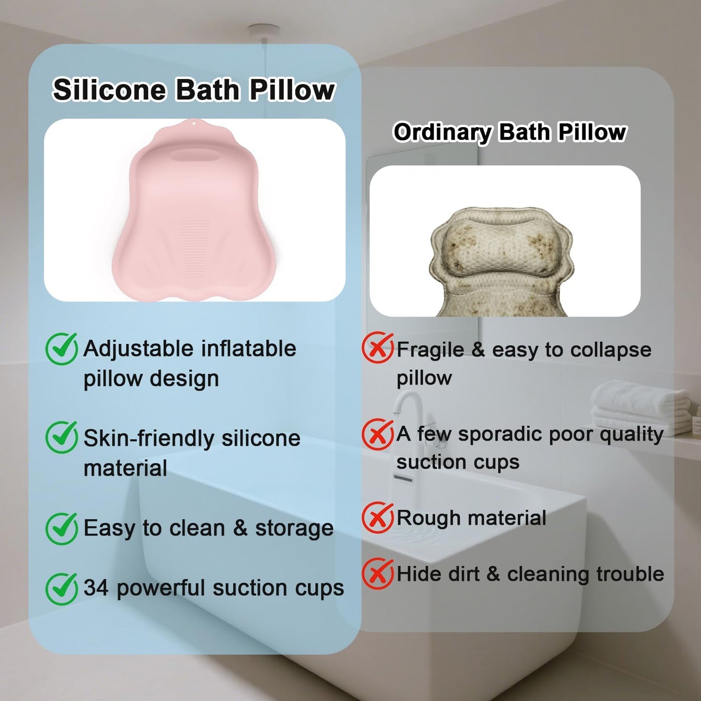 Silicone Bath Pillow for Tub – Ergonomic Bathtub Headrest with Inflatable Air Cushion, Non-Slip Suction Cups & Neck/Back Support – Comfortable Spa Bath Accessory for Relaxation (Pink)