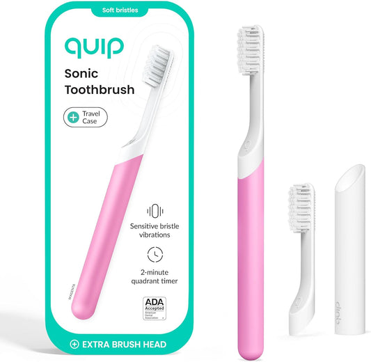 Quip Sonic Toothbrush for Adults with Timer - Includes Extra Brush Head and Travel Cover Mount - Electric, Soft Bristle Refill Head, Plastic Handle, 3 Month Battery Life - Travel Toothbrush - Magenta
