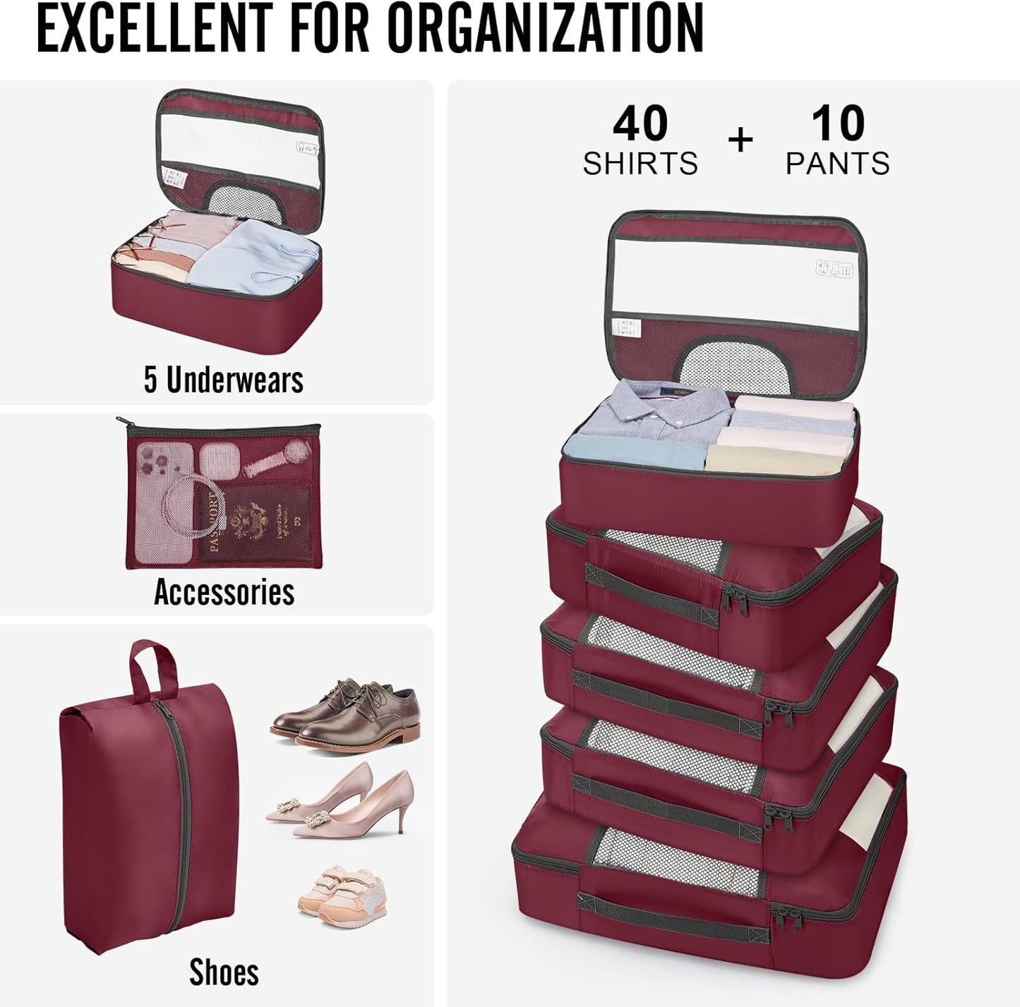 Veken 10 Set Packing Cubes for Travel Essential, Suitcase Organizer Bags in 4 Sizes, Carry-On Luggage Accessories with Large Laundry & Hanging Toiletry Bag, Must-Have for Airplane, Road Trip & Camping