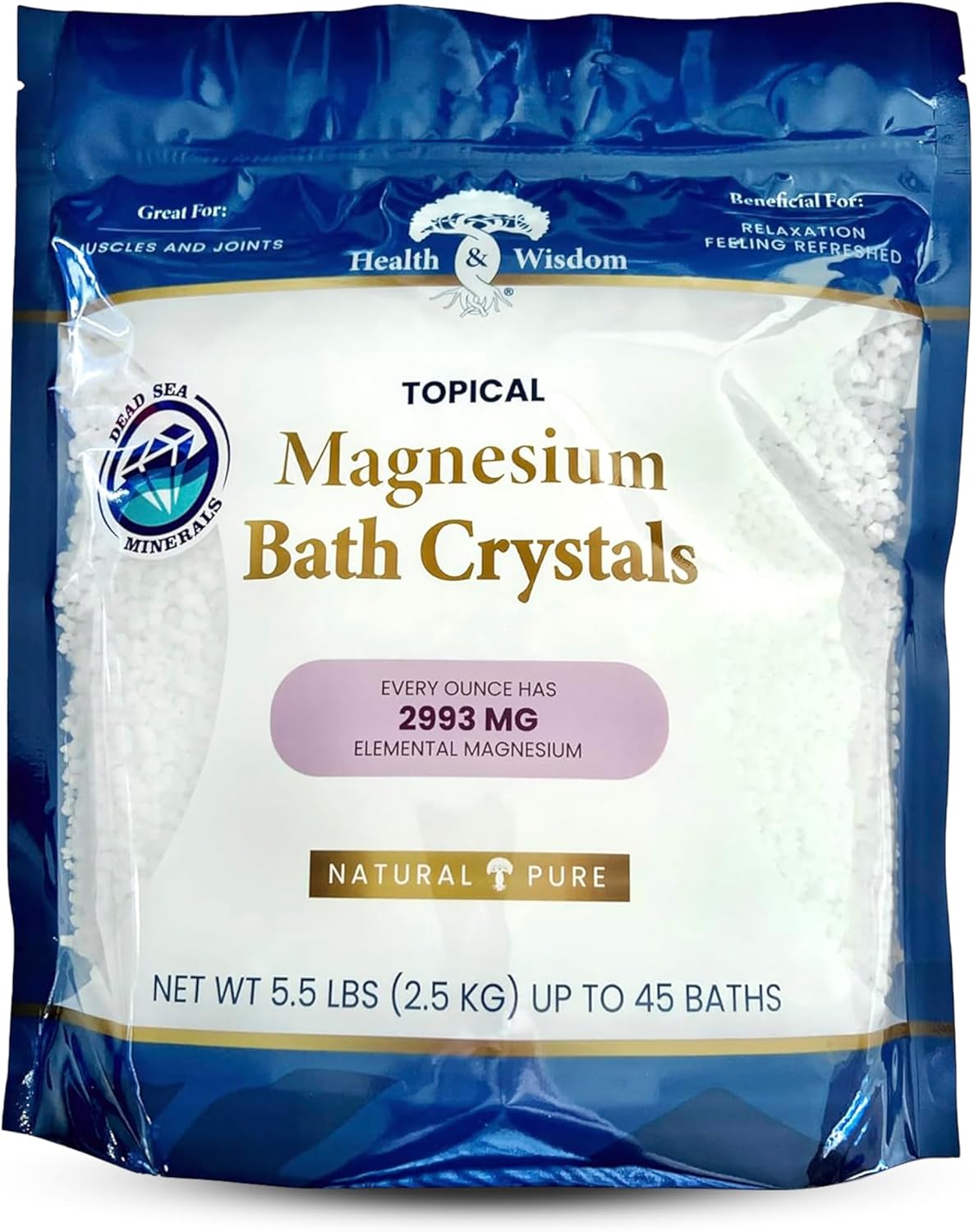 Health and Wisdom Magnesium Bath Crystals - Bath Salts with High Concentration & Enhanced Absorption for Muscle & Joint Relief - Dead Sea Sourced - Unscented - 5.5 lb Bag - Up to 45 Uses
