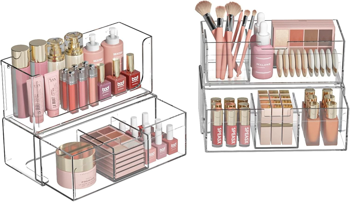 Stackable Storage Drawers Clear Plastic Storage Bins Bathroom Drawer Organizer Medicine Cabinet Organizer Makeup Organizers w Removable Divider Home Workspace Office Desktop Vanity Gift Idea 3Pack