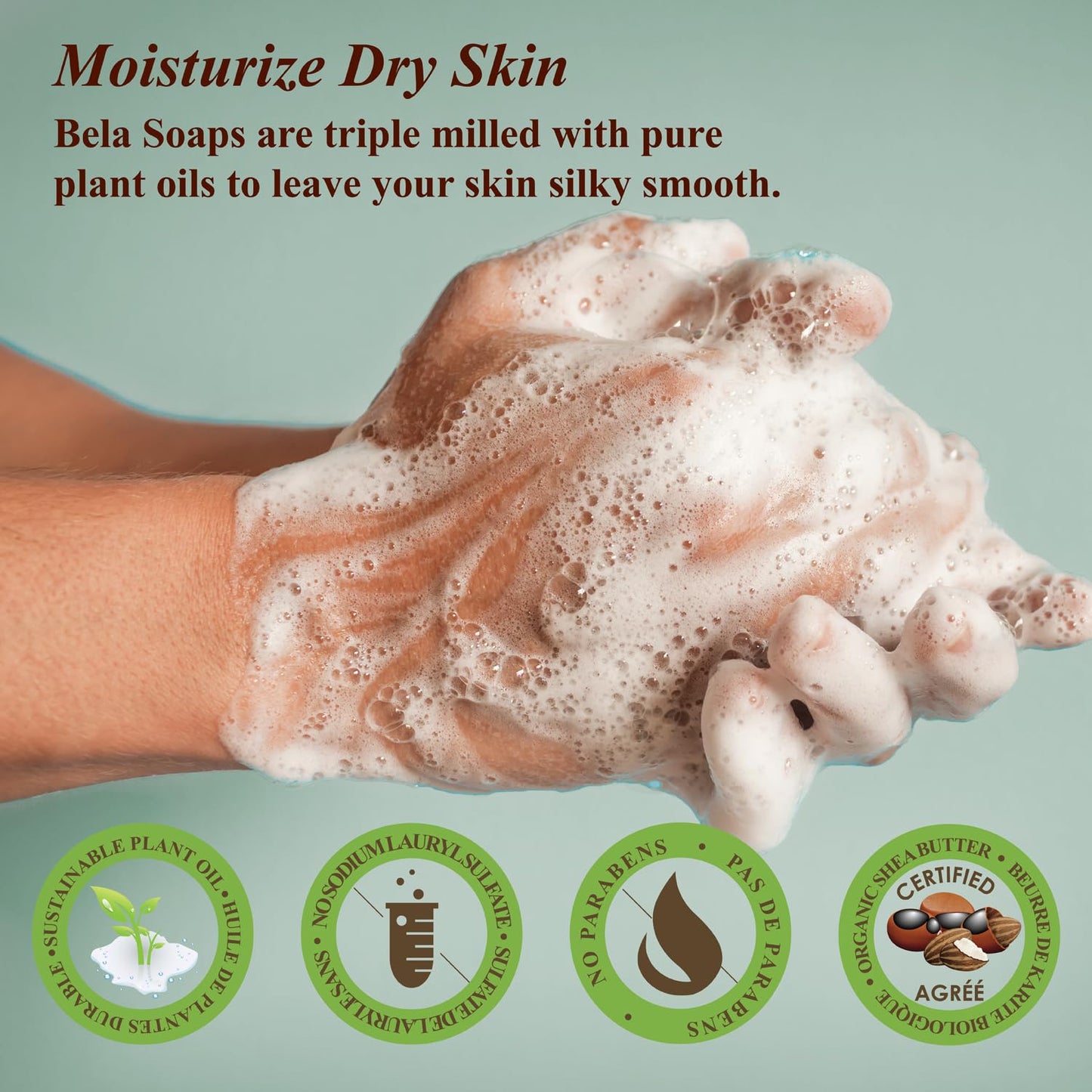 BELA French Peach Soap, 3.3 OZ Pack of 6, Long Lasting French Triple Milled Bar Soap with Organic Shea Butter, Hand, Face and Body Wash Bar, Made in Australia