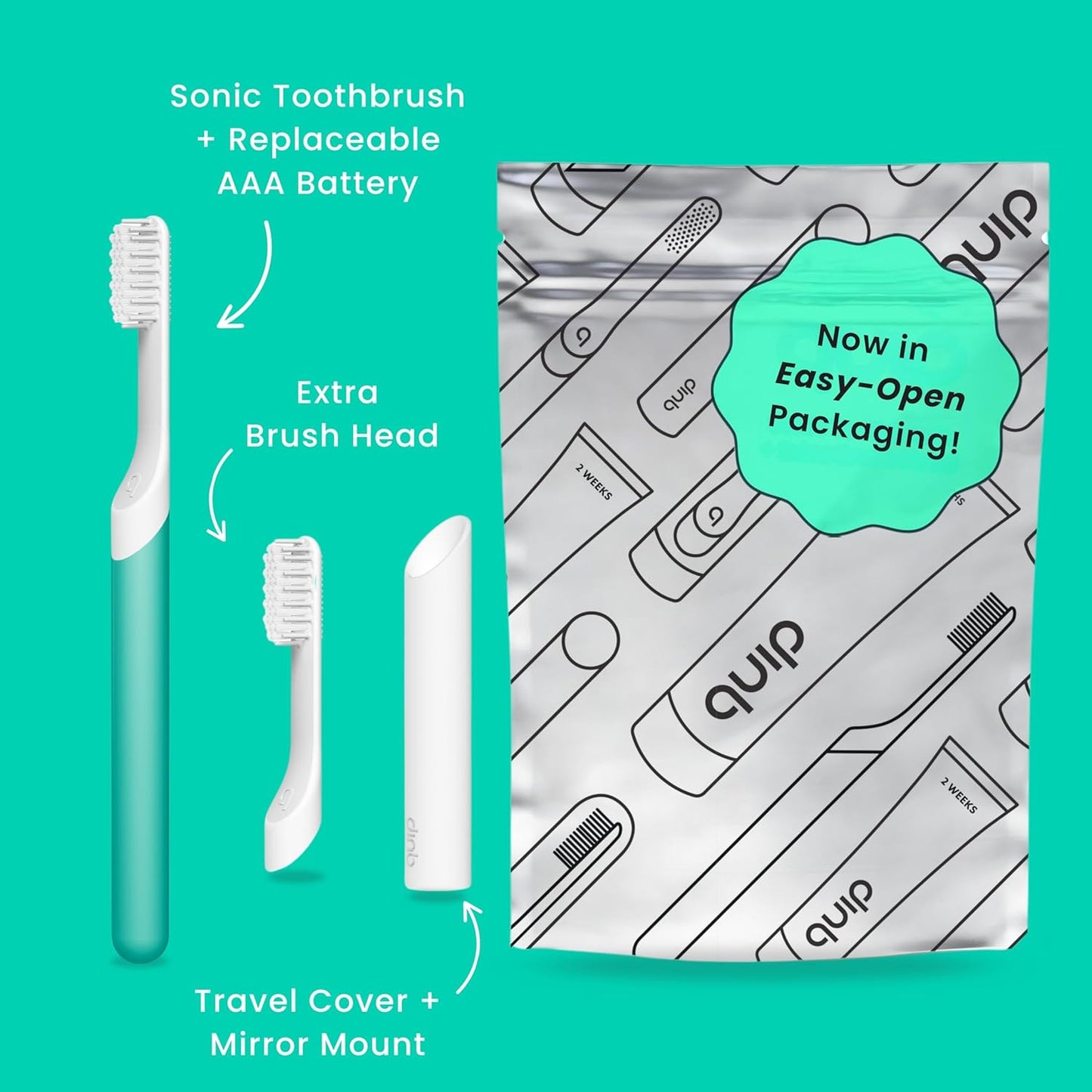 Quip Sonic Toothbrush for Adults with Timer - Includes Extra Brush Head and Travel Cover Mount - Electric, Soft Bristle Refill Head, Plastic Handle, 3 Month Battery Life - Travel Toothbrush - Green