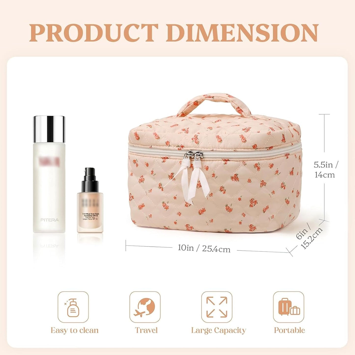 Prite Large Makeup Bag for Women Quilted Floral Cotton Cosmetic Bag Cute Coquette Aesthetic Floral Travel Toiletry Bag (Pink Flower)